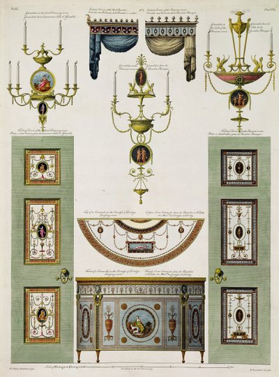 Entwürfe für Vorhangkarniesen, Girandolen und Falttüren, 1774 von Robert Adam